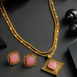 Priyaasi Pink Embossed Floral Gold-Plated Jewellery Set-image-5