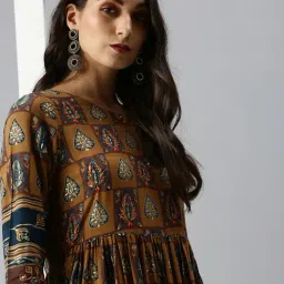 SHOWOFFFF Brown Cotton Botanical Ankle Length Anarkali Kurta image 5