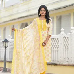 Juniper Yellow Floral Kurta With Pant & Dupatta image 1