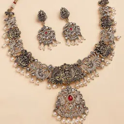 Karatcart Black Gold Plated Red Stone Laxmi Mata Temple Jewellery Set for Women-image-76