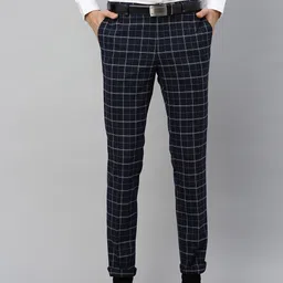 Blackberrys Men Navy Blue & White B-91 Narrow Fit Checked Formal Trousers-image-4