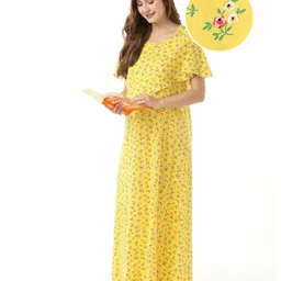 Bella Mama Cotton Half Sleeves Floral Print Nursing & Maternity Nighty with Concealed Zipper - Yellow-picture-18