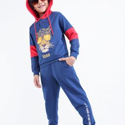 Ollington St. 100% Cotton Full Sleeves Hooded Sweatshirt & Joggers Set with Leopard Chest Print with Foil Detailing - Navy Blue-image-90