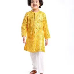Babyhug Woven Full Sleeves Mirrior Embroide Kurta Payjama Set - Yellow-picture-10