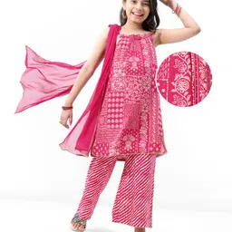 Earthy Touch Gold Foil and Khadi printed Viscose Rayon Woven Sleeveless Printed Kurti & Pallazzo with Lace Border Dupatta - Pink - Pink-picture-14