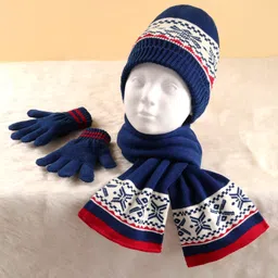 Pine Kids Woollen Cap Muffler & Mittens Sets with Aztec Design - Navy Blue & White-picture-26