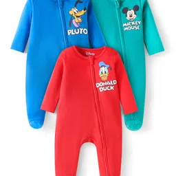 Babyhug Disney Interlock Knit Full Sleeves Footed Sleep Suits with Mickey Mouse Print Pack of 3 - Red Blue & Green-picture-23