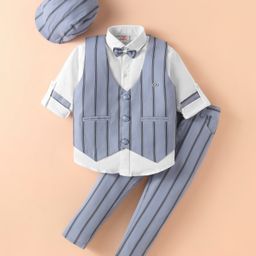 Rikidoos Full Sleeves Solid Shirt With Striped Waistcoat Pant Cap & Bow Set - Light Blue & White-picture-8