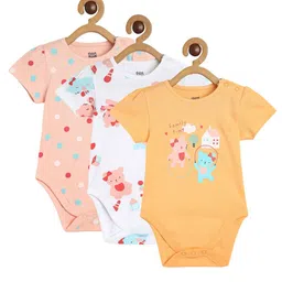 MINI KLUB Cotton Pack Of 3 Half Sleeves Animal & Polka Dots Printed Onesies - Pink White & Orange-picture-28