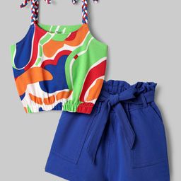 OLLINGTON ST. Cotton Sleeveless Abstract Printed Top & Shorts Set with Fabric Belt - Blue-picture-30
