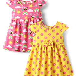 Babyhug Single Jersey Knit Half Sleeves Frocks with Tropical & Floral Print Pack of 2 - Dark Pink & Yellow-picture-20