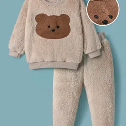 Mark & Mia Full Sleeves Winter Wear Night Suit With Bear Embroidery - Light Brown-image-69