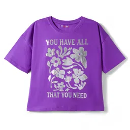 kookie kids india Kookie Kids Single Jersey Knit Drop Shoulder Half Sleeves T-Shirt with Floral Foil Print - Purple image 1