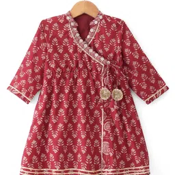 Babyhug 100% Cotton Woven Three Fourth Sleeves Kurti Palazzo & Dupatta Floral Print - Maroon image 2