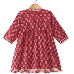 Babyhug 100% Cotton Woven Three Fourth Sleeves Kurti Palazzo & Dupatta Floral Print - Maroon image 3