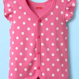 Babyhug 100% Cotton Knit Frill Sleeves Front Open Vests with Tropical Theme & Polka Dots Print Pack of 3 - Pink Yellow & White image 4