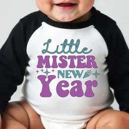 KNITROOT New Year Theme Cotton Knit Full Raglan Sleeves Little Mister New Year Text Printed Onesie - Black & White image 5