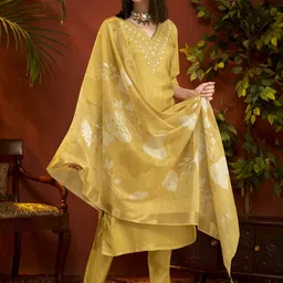 Anouk Floral Yoke Design Sequinned Pure Silk Straight Kurta With Trousers & Dupatta image 1