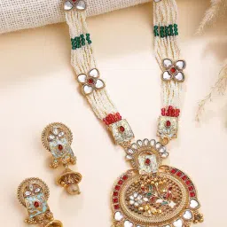 Karatcart Designer Gold-Plated Floral Enamel Rani Haar Necklace Set for Women-image-56