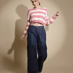 Global Republic Peach & White Acrylic Striped Pullover image 4