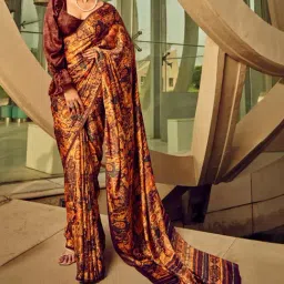 Elora Brown & Orange Printed Saree With Unstitched Blouse-image-33