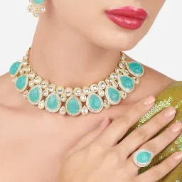 Zaveri Pearls Turquoise Blue Kundan & Stones Choker Necklace Earring & Ring Set-ZPFK16182 image 4