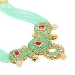 Zaveri Pearls Pastel Green Enamel Multistrand Beads & Pink Stones Necklace & Earring Set-ZPFK10253 image 4