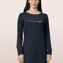 Enamor Navy Embroidered Longline T-Shirt-image-0