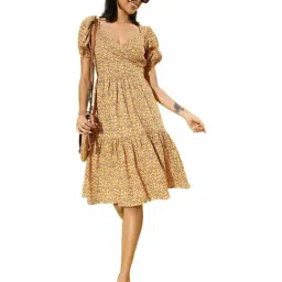 Sera Yellow Cotton Floral Print A-Line Dress-picture-10