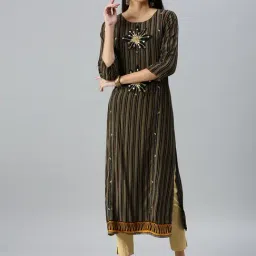 SHOWOFF Brown Cotton Embroidered Calf Length Straight Kurta-image-71