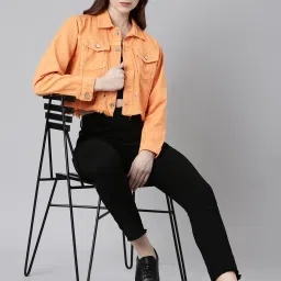 showoffff SHOWOFF Orange Regular Fit Crop Denim Jacket image 4