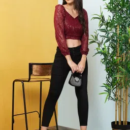Globus Maroon Embellished Crop Top image 4