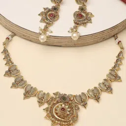 OOMPH Jewellery Antique Gold Tone Green & Maroon Stones Ethnic Necklace Set for Women-picture-31