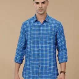 Linen Club Blue Linen Slim fit Checks casual shirts-image-80
