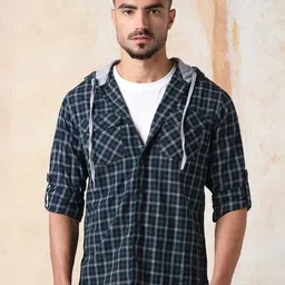 High Star Men Regular Fit Spread Collar Tartan Checked Cotton Hooded Casual Shirt image 4