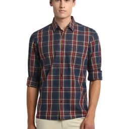 Basics Blue Cotton Slim Fit Checks Shirt-picture-17