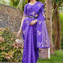 SATYAM WEAVES Ethnic Motifs Zari Silk Cotton Handloom Banarasi Saree-image-93