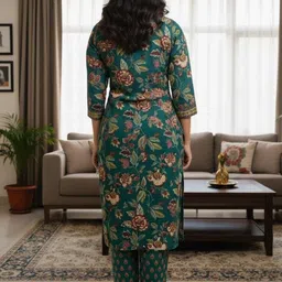 KALINI Women Floral Printed Regular Mirror Work Pure Cotton Kurta with Trousers image 2