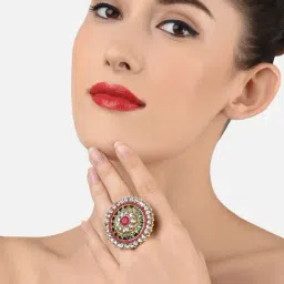 Zaveri Pearls Green Meenakari & Pink Stone Dazzling Finger Ring-ZPFK11429-image-56