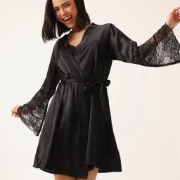 Clovia Black Chic Basic Robe With Lacy Back And Sleeves-picture-30