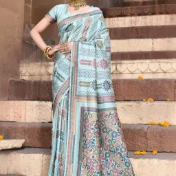 Elora Aqua Blue Silk Floral Print Saree With Unstitched Blouse-picture-32