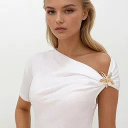 Trend Alacati stili One Shoulder Brooch Cotton Regular Top image 2