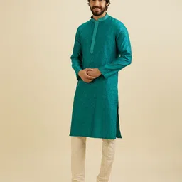 Manyavar Embroidered Mandarin Collar Straight Kurta with Pyjamas image 5