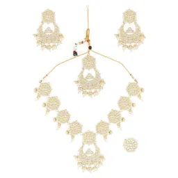 Zaveri Pearls Gold Tone Ethnic Kundan Necklace Earring Maangtikka & Ring Set-ZPFK11457-image-56