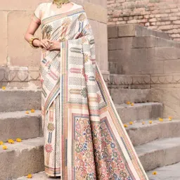 Elora Cream Silk Floral Print Saree With Unstitched Blouse-image-23