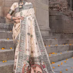 Elora Cream Silk Printed Saree With Unstitched Blouse-picture-14