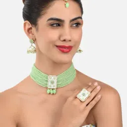 Zaveri Pearls Green White Enamel Multistrand Choker Necklace Earring Maangtikka & Ring Set-ZPFK11473-image-69