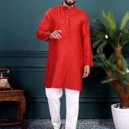 click n buy Men Solid A-line Kurta (Red)-picture-23