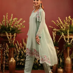 SCAKHI Embroidered Round Neck Organza Silk Tunic & Trousers With Shrug Co-Ords image 5