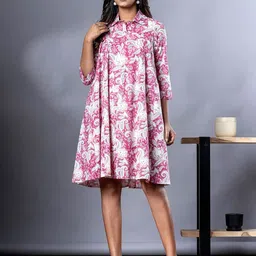 KALINI Women Floral Printed Pure Cotton Fit & Flare Dress-image-93